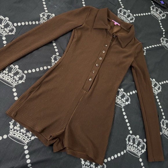 Edikted Brown Ribbed Collared Romper - Picture 2 of 5